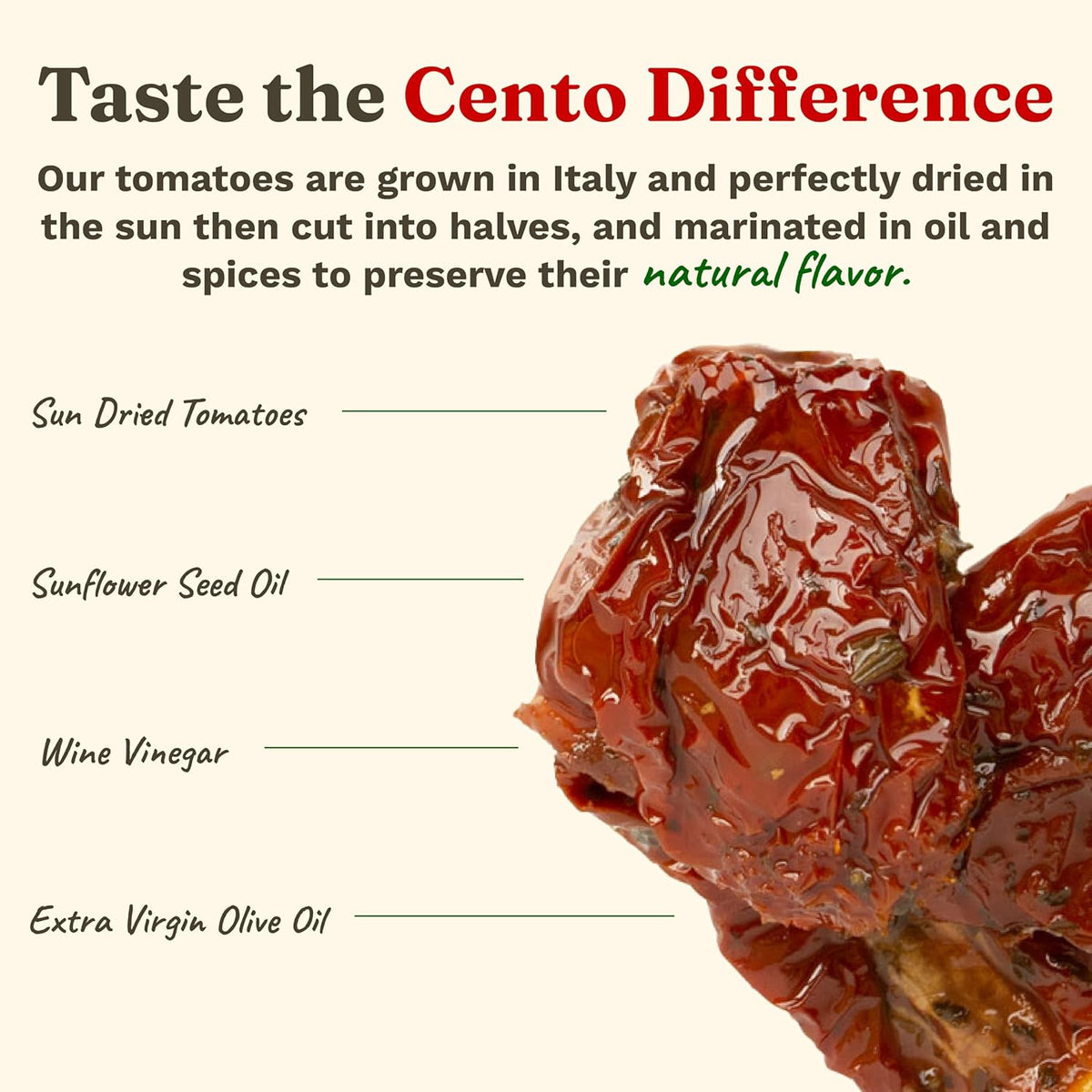 Cento Chefs Sun Dried Tomatoes in Oil & Spices for Pasta, Salad & Antipasto - Grown and Processed in Italy - Gluten-Free, Non-GMO, Low Sodium Italian