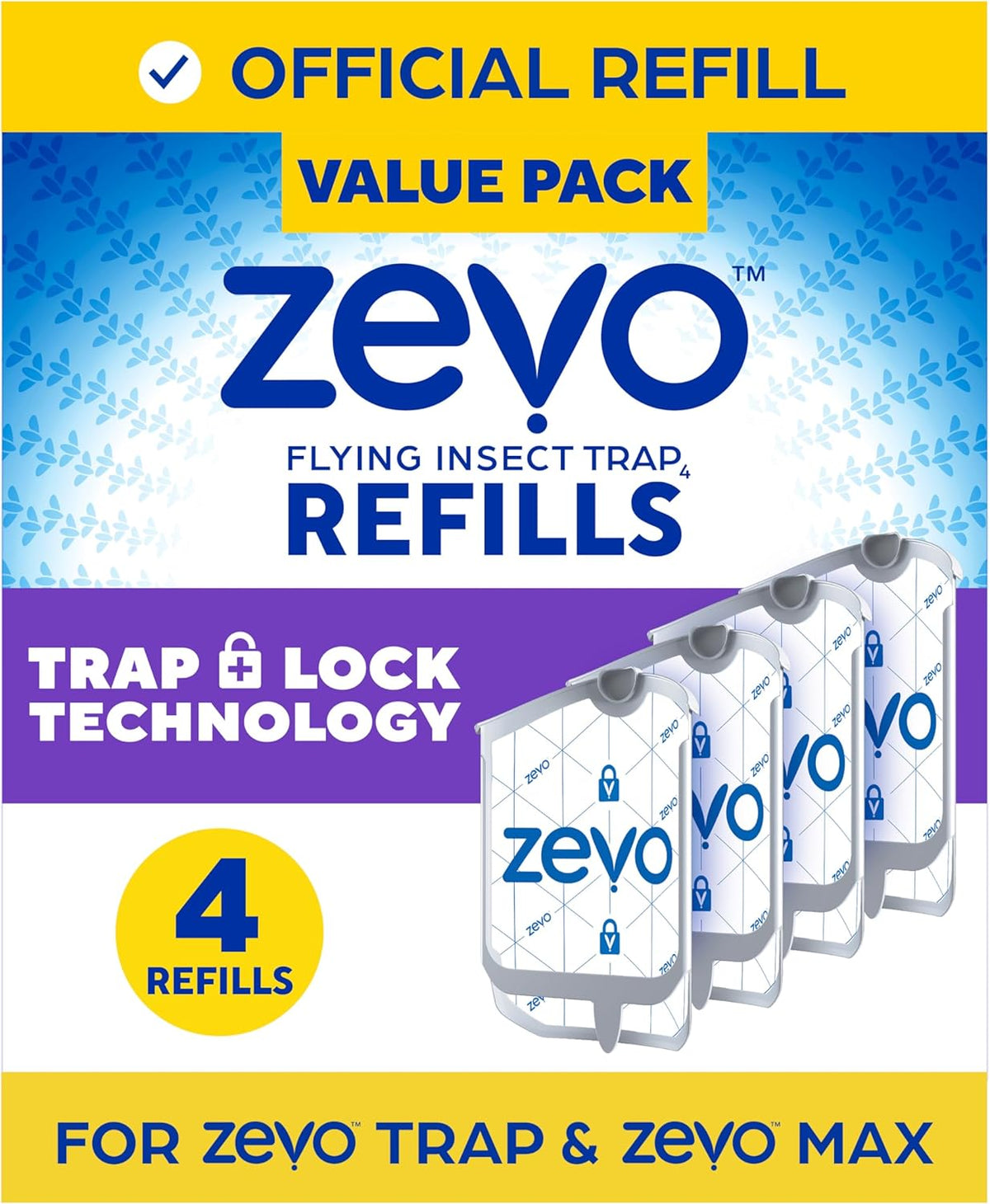 Zevo Flying Insect Trap Refill - for The Zevo MAX & Standard Indoor Fly Trap - Catch Gnats, House & Fruit Flies - Easy to Use - Mess-Free Disposal (4