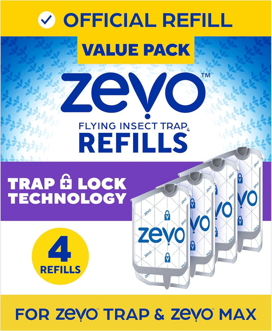 Zevo Flying Insect Trap Refill - for The Zevo MAX & Standard Indoor Fly Trap - Catch Gnats, House & Fruit Flies - Easy to Use - Mess-Free Disposal (4