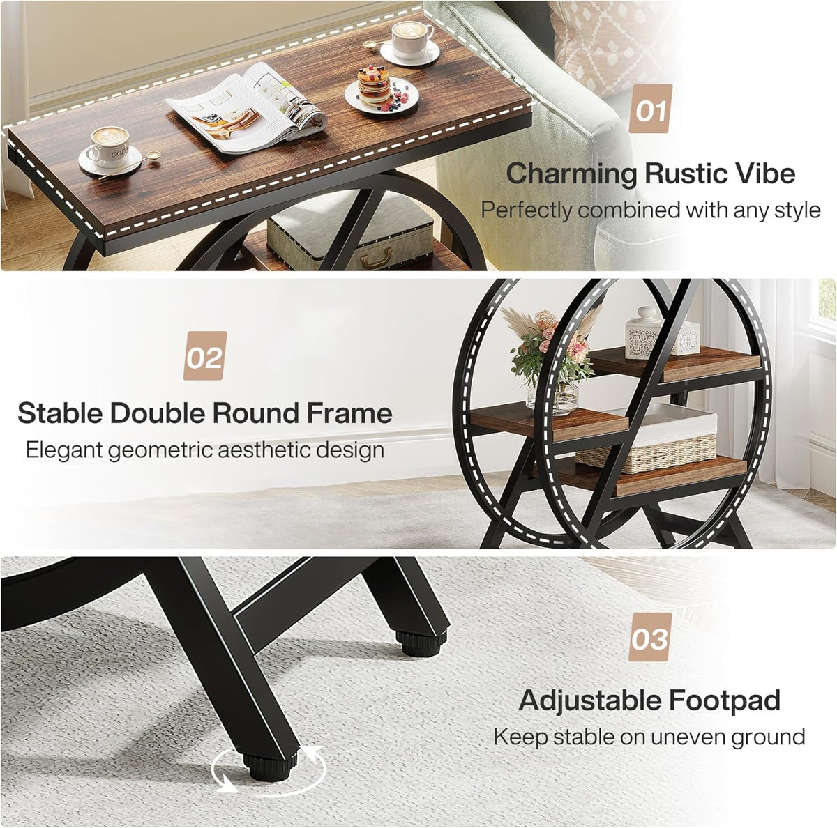 Tribesigns End Table for Living Room, 3-Tier Narrow Side Table with Storage, Wood Sofa Side Table with Geometric Metal Frame, Industrial Nightstand