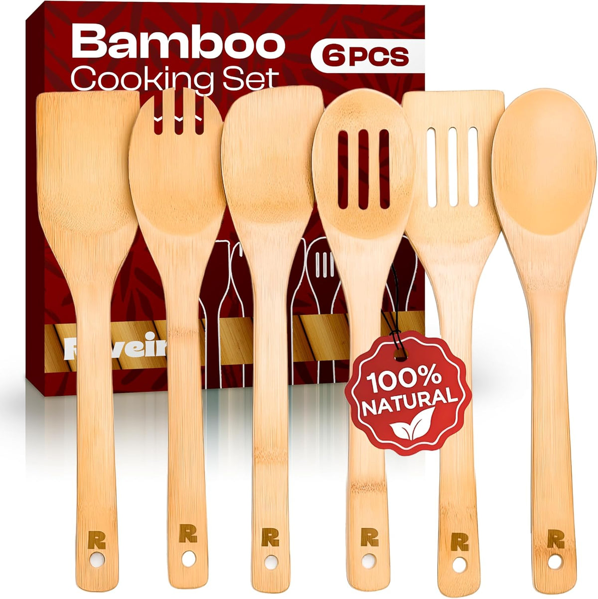 Riveira Bamboo Cooking Spoons 6-Piece – Wooden Cooking Utensils Set with Wooden Spoons for Cooking & Spatulas Wooden Utensil Sets – Premium Kitchen