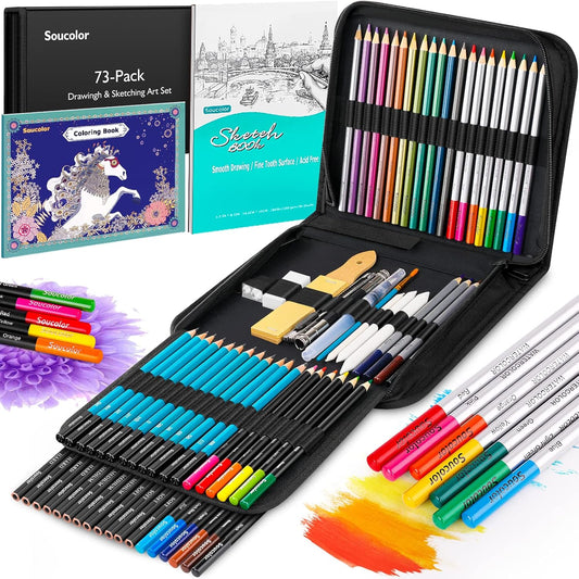 Soucolor 73 Pack Art Supplies Sketching Kit for Adults Kids Teen Gifts, Christmas Gifts, Drawing Sketching Pencils with Sketchbook, Coloring Book