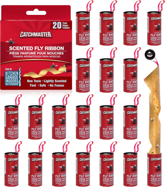 Catchmaster Fly Ribbon 20-Pack, Bug & Fruit Fly Traps Outdoor and Indoor, Premium Adhesive Sticky Strips & Gnat Hanging Strips, Bulk Scented Flying