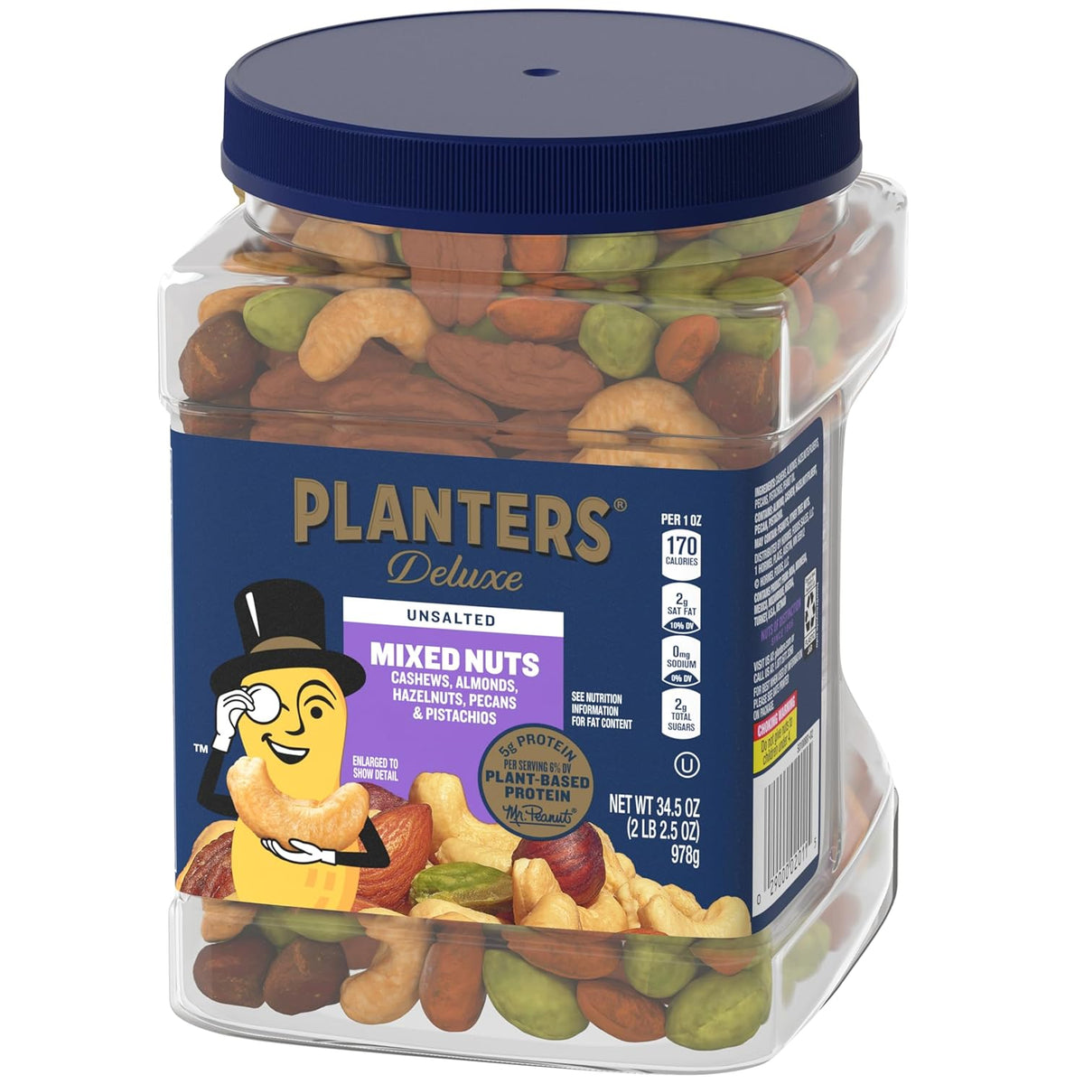 PLANTERS Unsalted Premium Nuts 34.5 oz Resealable Container- Contains Roasted California Pistachios, Cashews, Almonds, Hazelnuts & Pecans - No