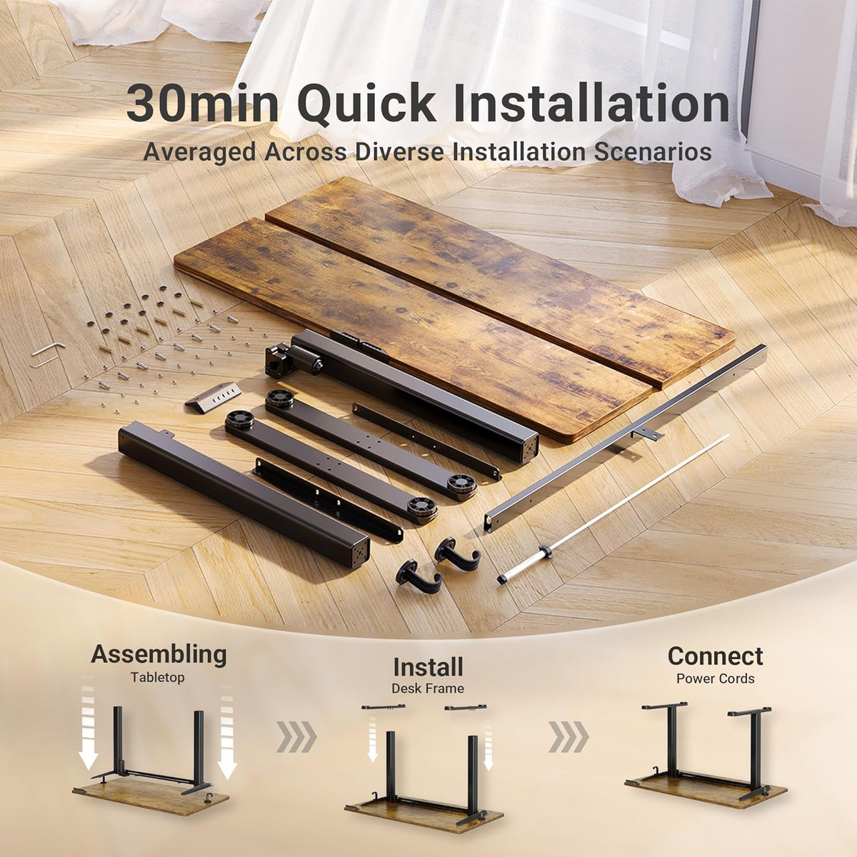 Claiks Electric Standing Desk, Adjustable Height Stand up Desk, 24x48 Inches Sit Stand Home Office Desk with Splice Board, Black Frame/Rustic Brown
