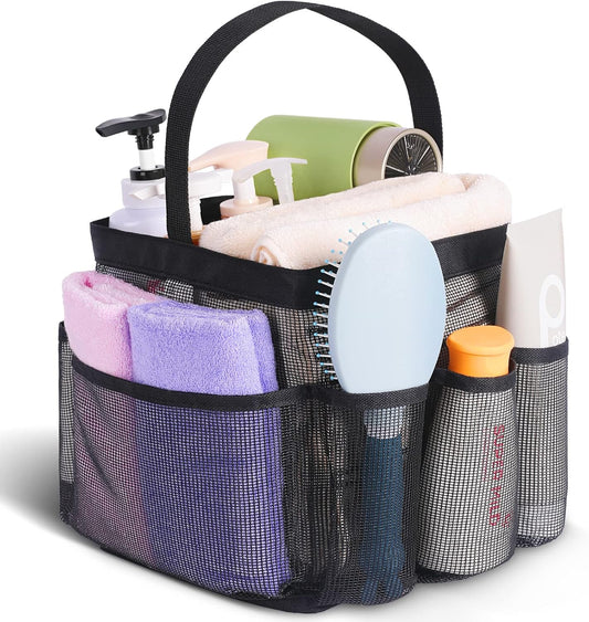 Mesh Shower Caddy Portable for College Dorm Room Essentials, 8-Pocket Large Capacity Shower Bag for Beach, Swimming, Gym
