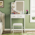 Makeup Vanity Desk with Mirror and Lights, Small Vanity with Fabric Storage Drawer & Chair & Shelves, White Vanity with Fold-up Panel and Power