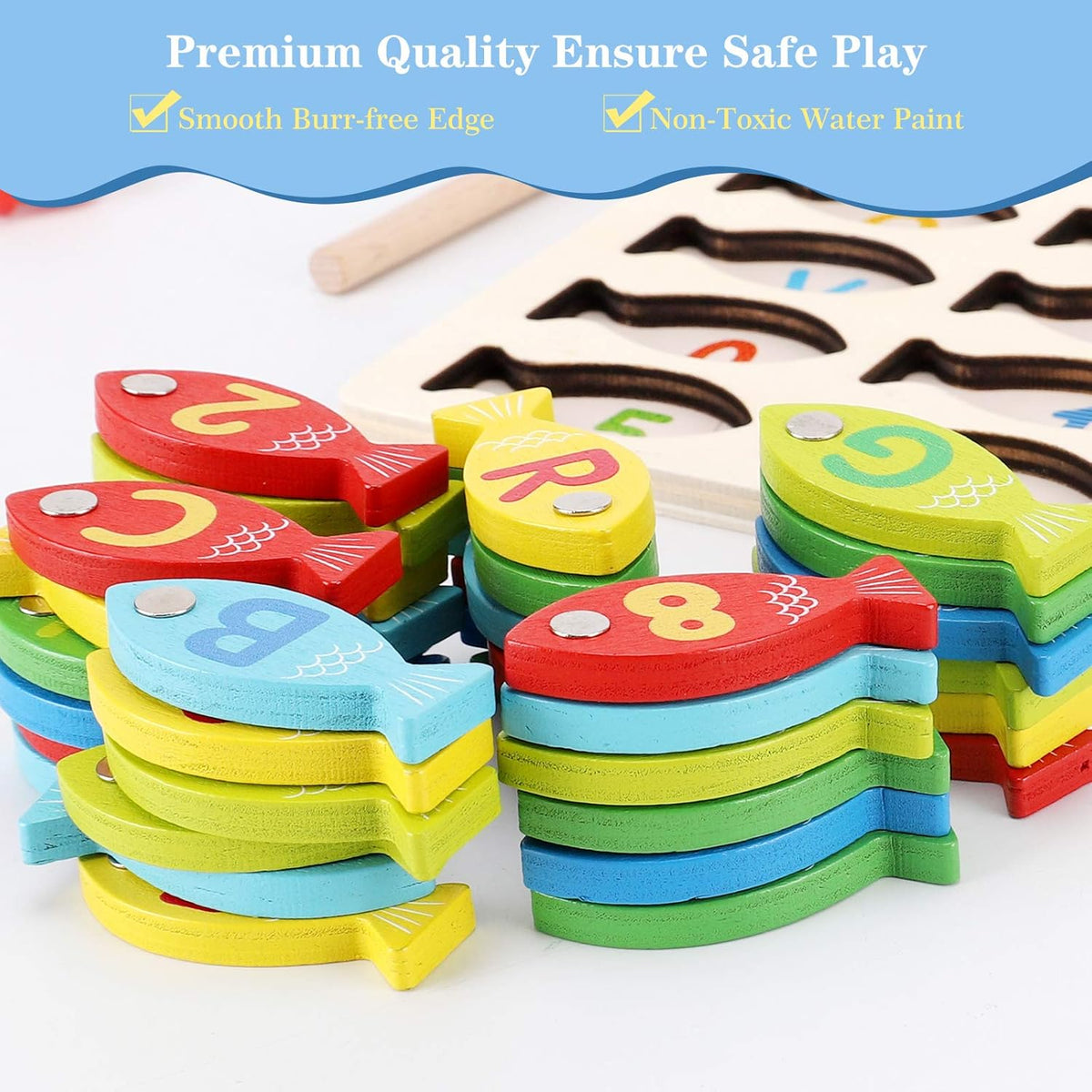 Magnetic Wooden Fishing Game Toy for Toddlers, Alphabet Fish Catching Counting Games Puzzle with Numbers and Letters, Preschool Learning ABC Math