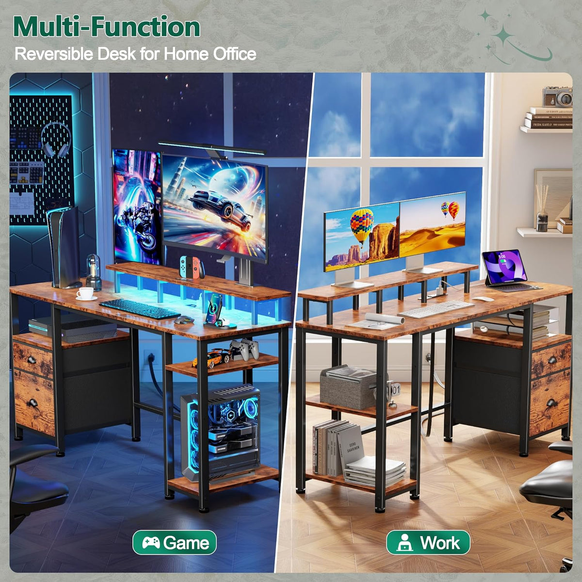 Furologee 61" Computer Desk with Power Outlet & LED Lights, Reversible Gaming Desk with File Cabinet & Monitor Stand for Home Office, Writing Study