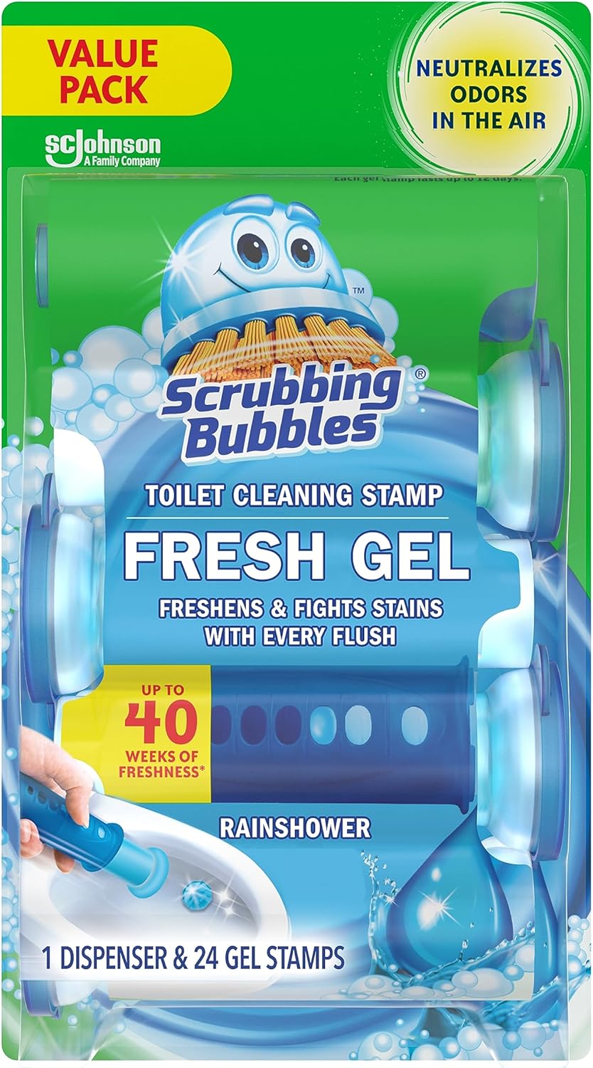 Scrubbing Bubbles Fresh Gel Toilet Bowl Cleaning Stamps, Helps Keep Toilet Clean and Helps Prevent Limescale & Rings, Rainshower Scent, 1 Dispenser