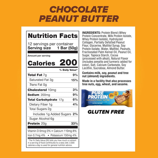 Pure Protein Chocolate Peanut Butter Protein Bars – 20g Protein, 3g Sugar, 190 Calories (12 count) Low Sugar* High Protein Snack - Gluten Free