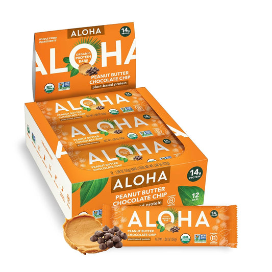 ALOHA Organic Plant Based Protein Bars |Peanut Butter Chocolate Chip | 1.98 Oz (Pack of 12) | Vegan, Low Sugar, Gluten Free, Paleo, Low Carb