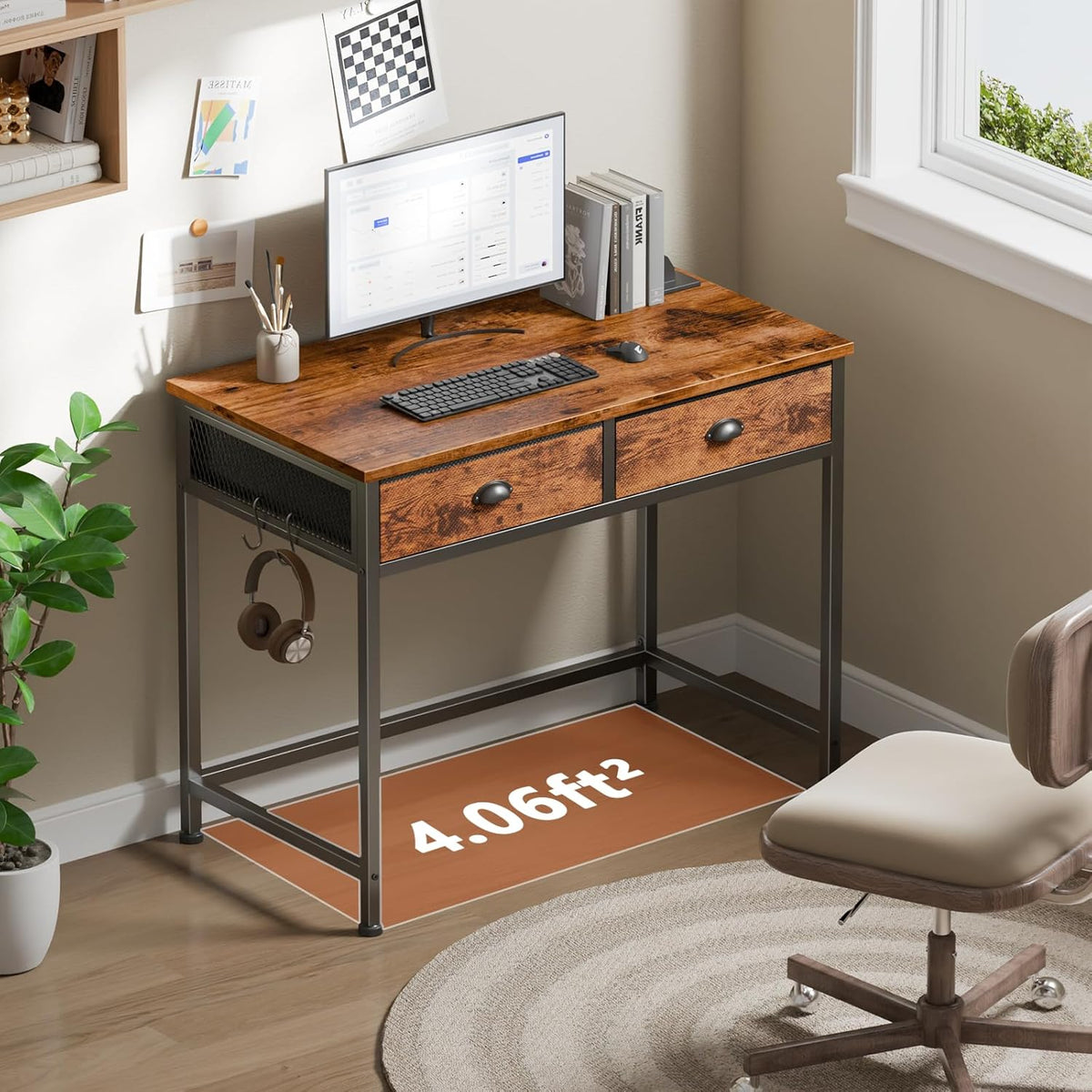 Furologee Small Computer Desk with 2 Fabric Drawers for Bedroom,34 Inch Home Office Writing Desk, Vanity Desk with Hooks, Simple Study Desk for Small