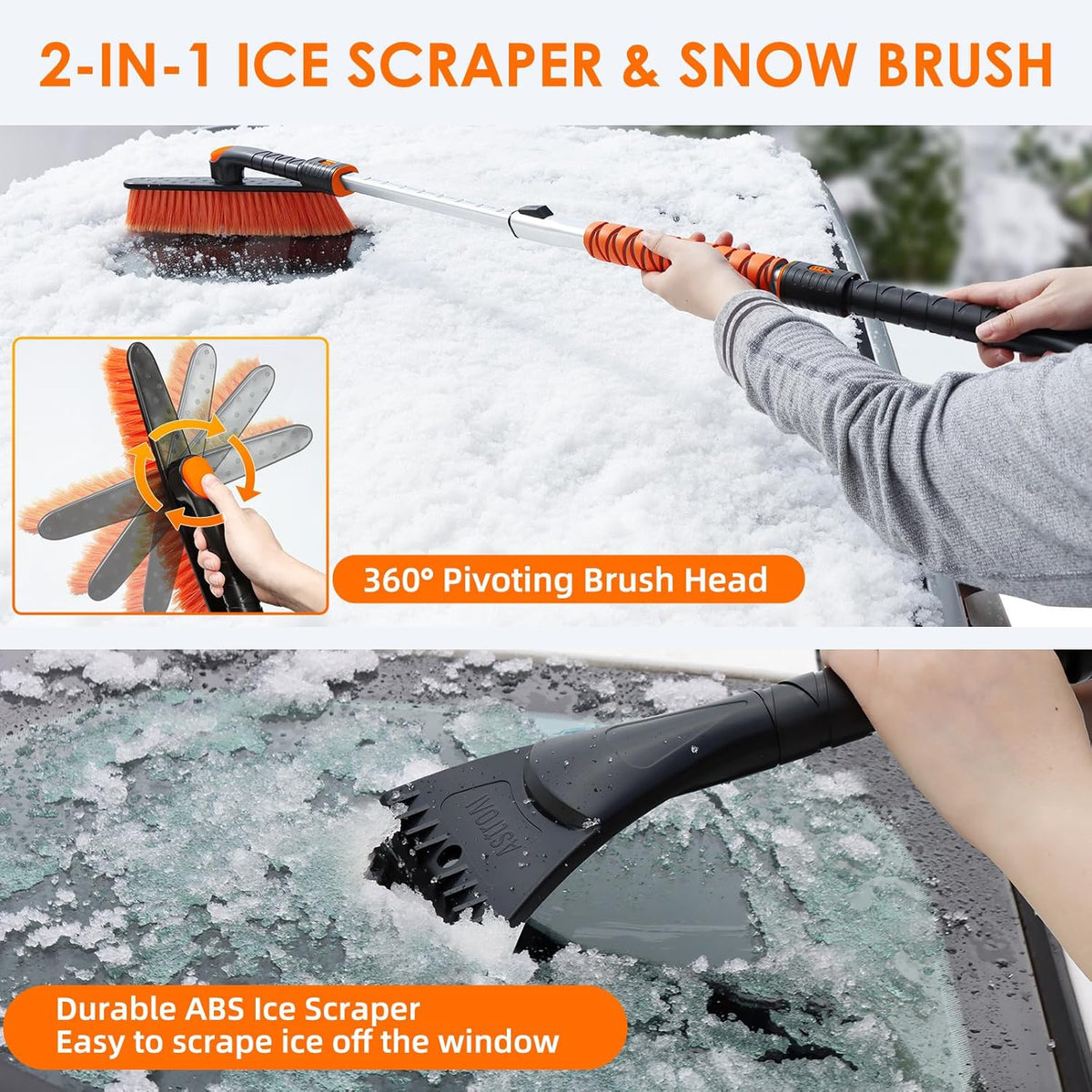 AstroAI 47.2" Ice Scrapers for Car Windshieldand Extendable Snow Brush with Foam Grip and 360° Pivoting Brush Head for Christmas Car Auto Truck