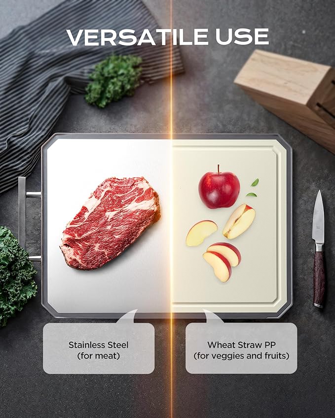 SNOWCLAD Stainless Steel Cutting Board,Double Sided Steel Cutting Boards for kitchen,Stainless Steel/Wheat straw pp Large Board for meat,non toxic