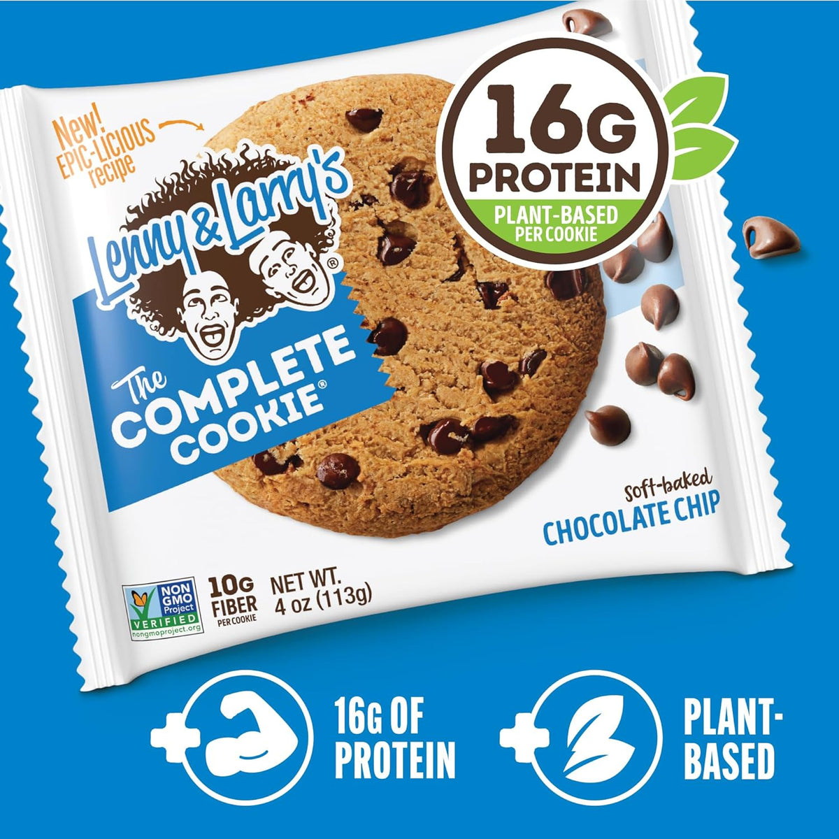 Lenny & Larry's Complete Protein Cookie, [Chocolate Chip], Chewy Soft Baked, 16g Plant Protein, Vegan, Non-GMO, High Fiber, 4 Ounce Cookie