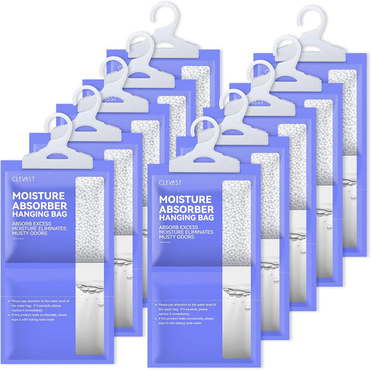 CLEVAST Moisture Absorbers Packets 10 Pack, Dehumidifier Bags for Closet, Unscented Hanging Humidity Absorber in Wardrobes, Bedrooms, Bathrooms(Net