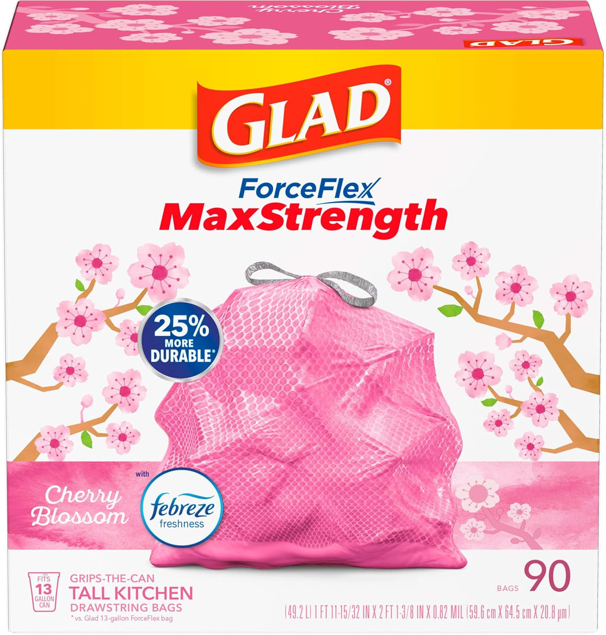 Glad Tall Kitchen Trash Bags 13 Gallon, MaxStrength Cherry Blossom Garbage Bags, Drawstring, 90 Count