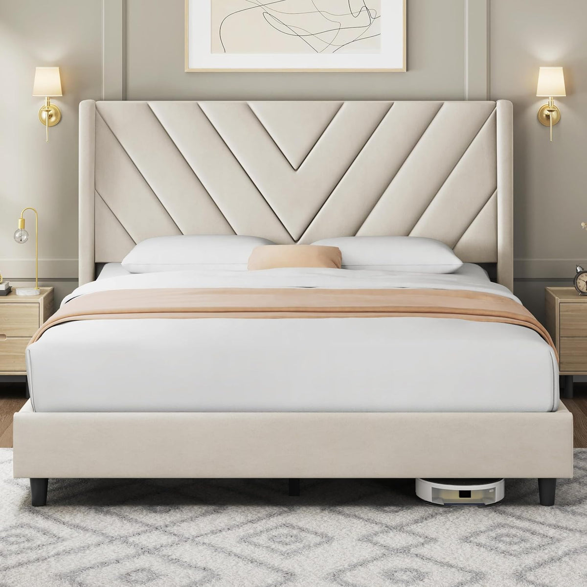 Yaheetech Queen Bed Frame Upholstered Platform Bed with Wing Side/Wooden Slat Support/Tufted Headboard with Wing Side/Mattress Foundation/No Box