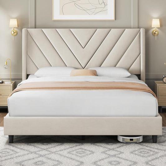 Yaheetech Queen Bed Frame Upholstered Platform Bed with Wing Side/Wooden Slat Support/Tufted Headboard with Wing Side/Mattress Foundation/No Box