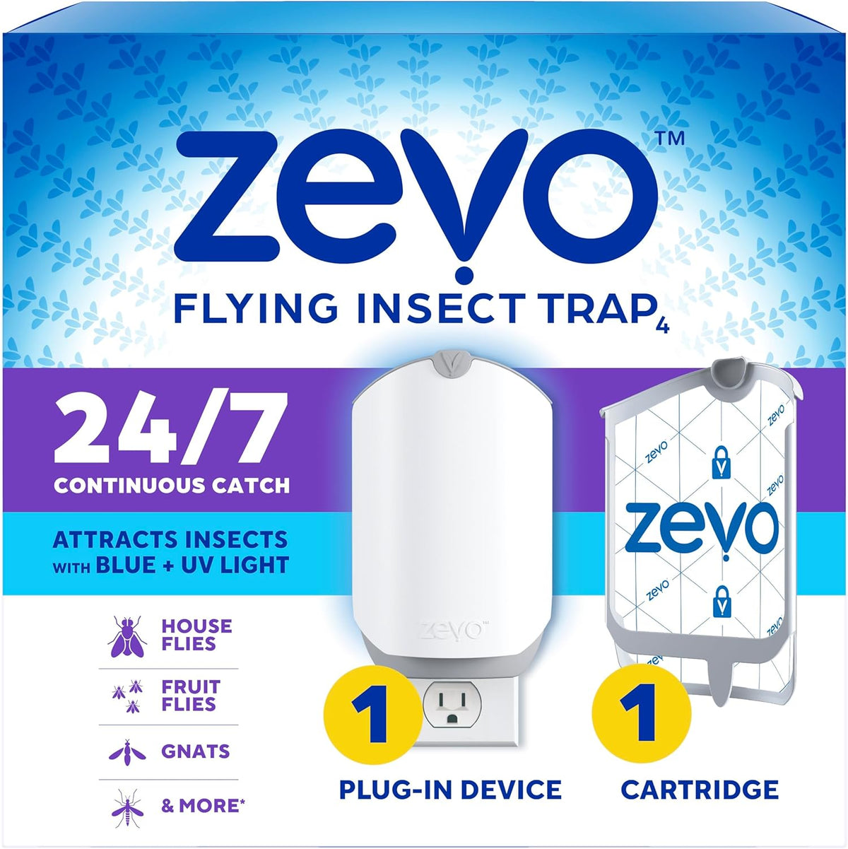 Zevo Flying Insect Trap & Cartridge - Plug in Fly Trap & Indoor Bug Catcher for Gnats, House & Fruit Flies - Mess-Free - Use in Any Room - Uses Blue