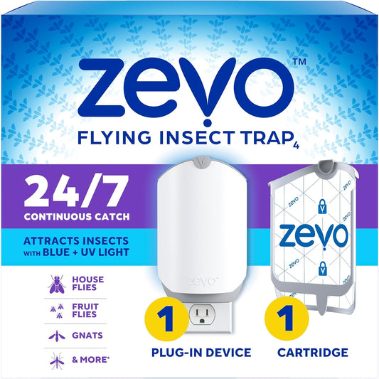 Zevo Flying Insect Trap & Cartridge - Plug in Fly Trap & Indoor Bug Catcher for Gnats, House & Fruit Flies - Mess-Free - Use in Any Room - Uses Blue