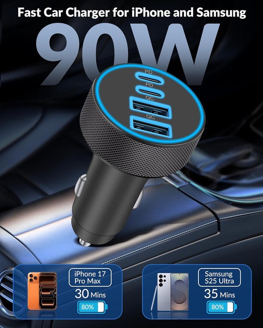 [4 in 1] USB C Car Charger, 4-Port 90W Super Fast Charging Cigarette Lighter Adapter, Dual 45W USBC & USB-A Multiport Car Phone Charger Accessories