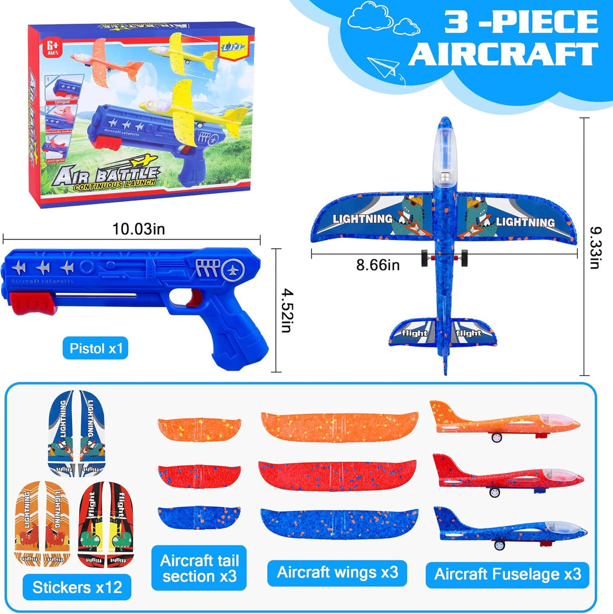 3 Pack Airplane Launcher Toys, 2 Flight Modes LED Foam Glider Catapult Plane, Outdoor Flying Toy for Kids, Birthday Gifts for Boy Girl 6+ Year Old
