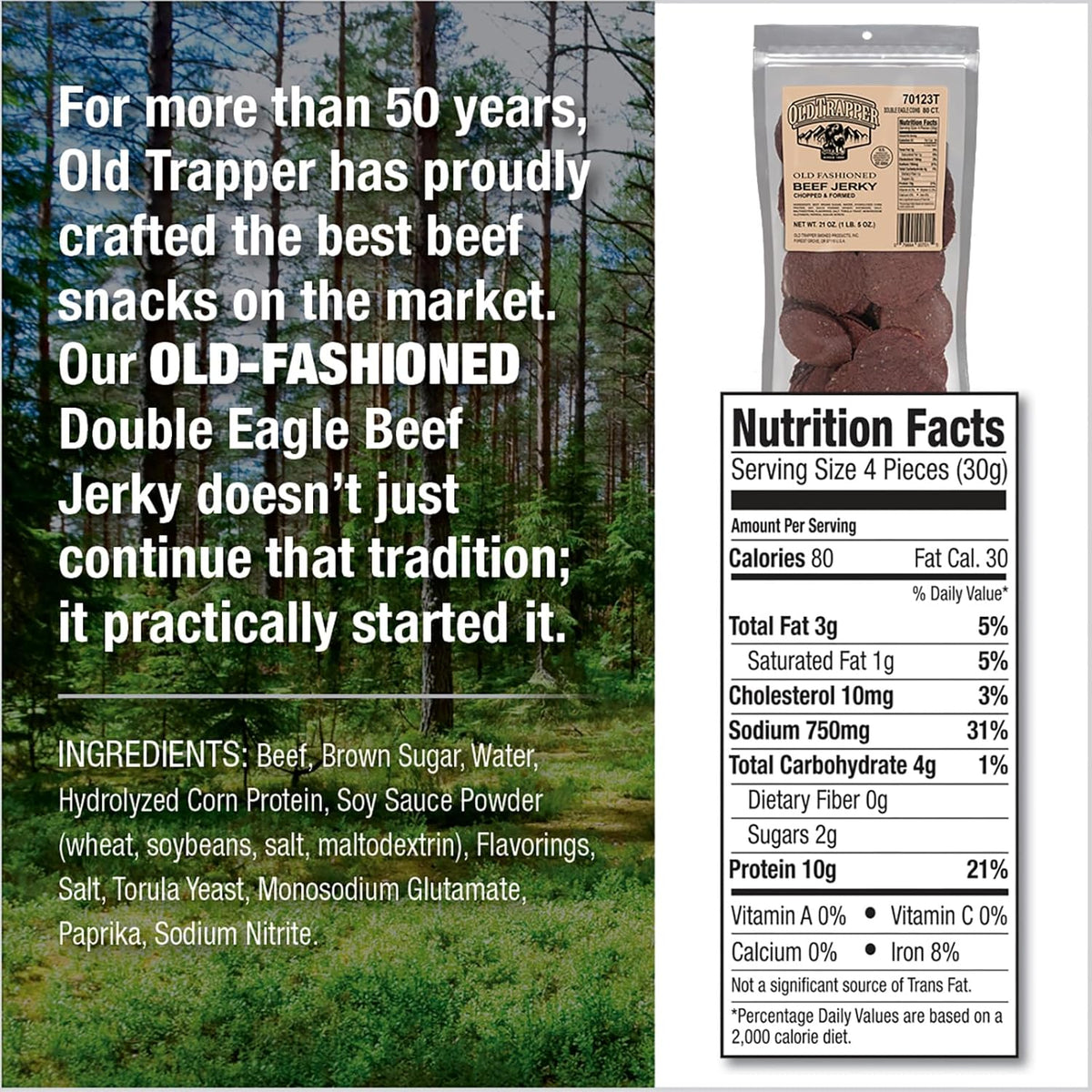 Old Trapper Double Eagle Beef Jerky, Old-Fashioned Flavor, 21 Ounce Package, Delicious Jerky Snacks, 10 Grams of Protein and 80 Calories per Serving