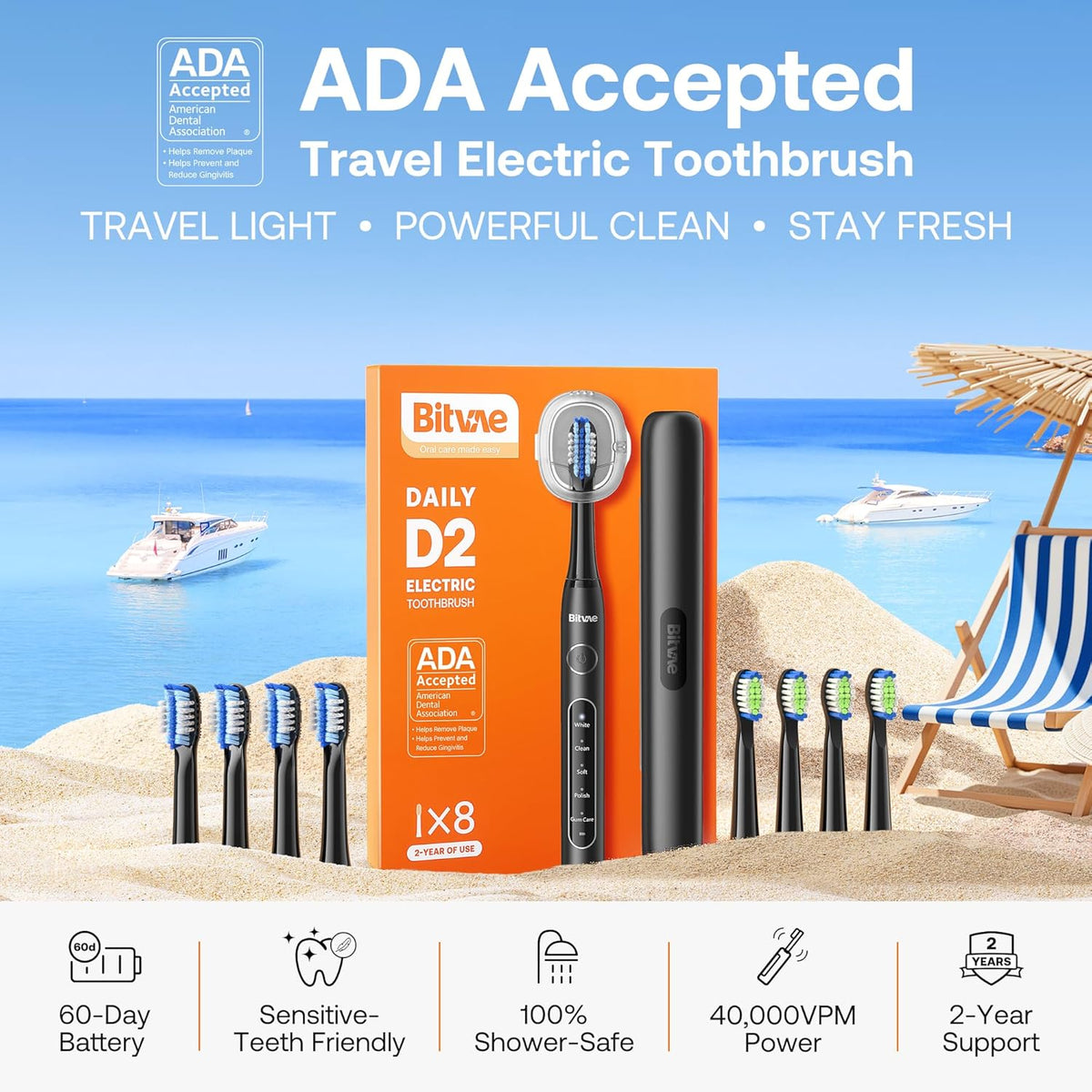 Bitvae ADA Accepted Electric Toothbrush, Travel Toothbrush Rechargeable for Adults and Kids, 60-Day Battery, 5 Modes, 8 Heads, Portable Travel Case