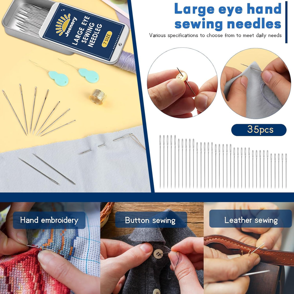 35 Pcs Large Eye Sewing Needles, 7 Size Sewing Sharp Needles for Handsewing, Leather Embroidery Thread Needle, Stainless Steel Yarn Knitting Needle