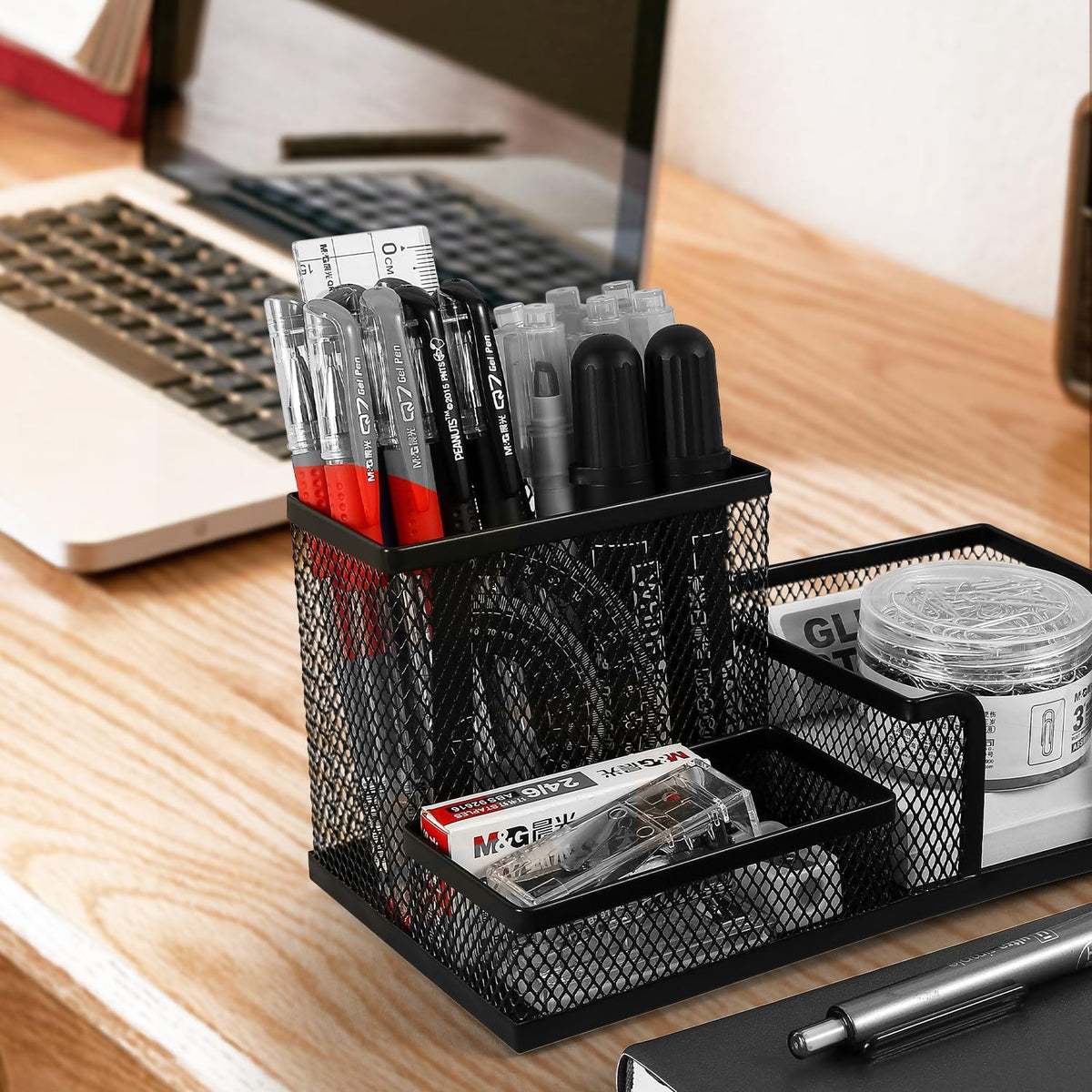 M&G Mesh Pen Holder Desk Organizers Pencil Holder for Desk Black, 3 Compartments Metal Office Supply Organizer with Sticky Notes Holder for School