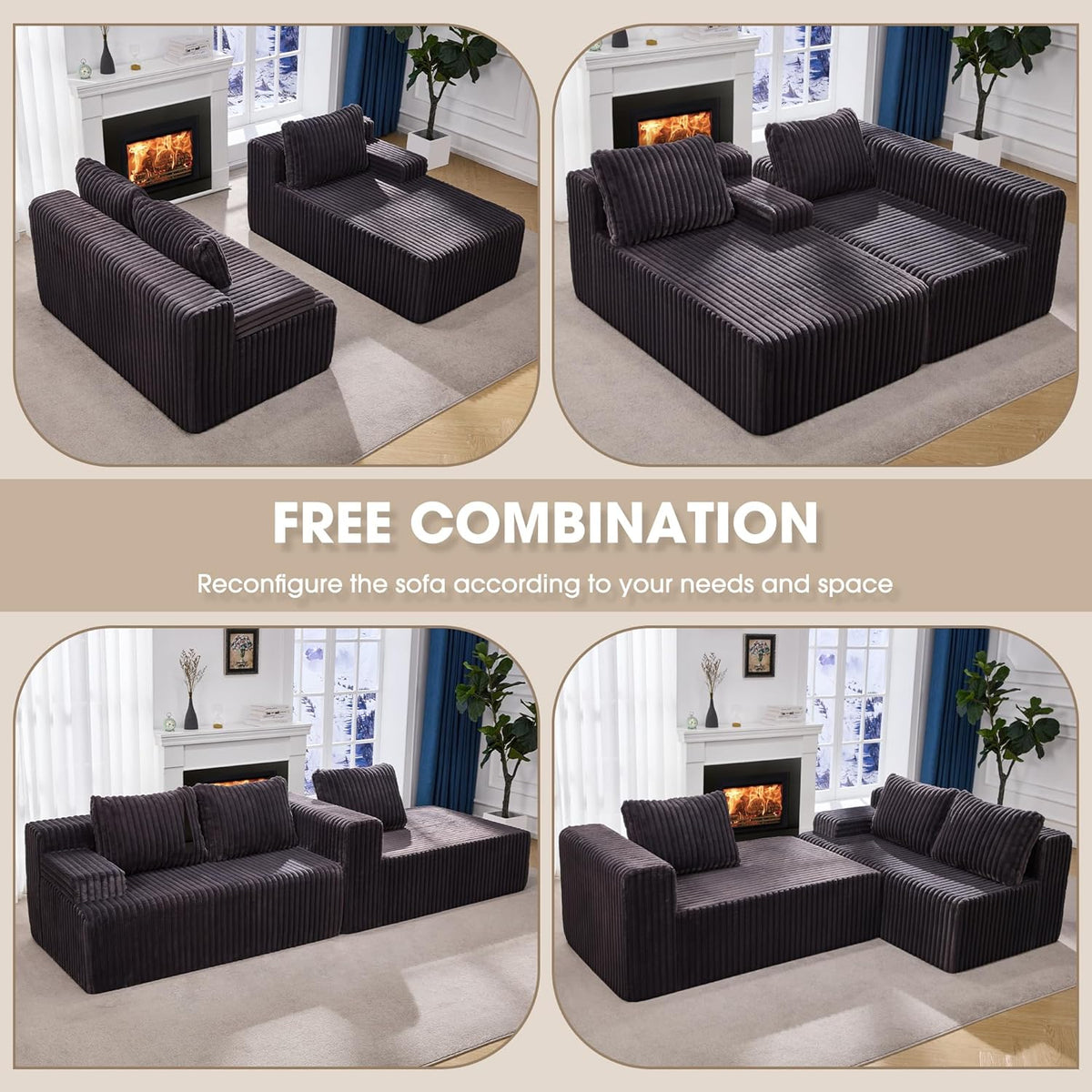 Hobestluk 96” Modular Sectional Sofa Couches L-Shape Couch 3 Seat Modular Sofa Memory Foam Sectional Couches for Living Room, Cloud Couch with