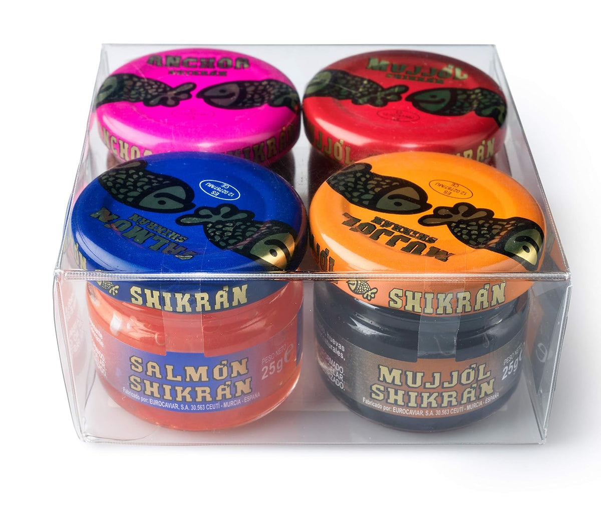 Eurocaviar - Shikran - Sampler pack: 4 x 0.88 oz Mullet Roe Black Caviar Pearls + Mullet Roe Red Caviar Pearls + Smoked Salmon Caviar Pearls