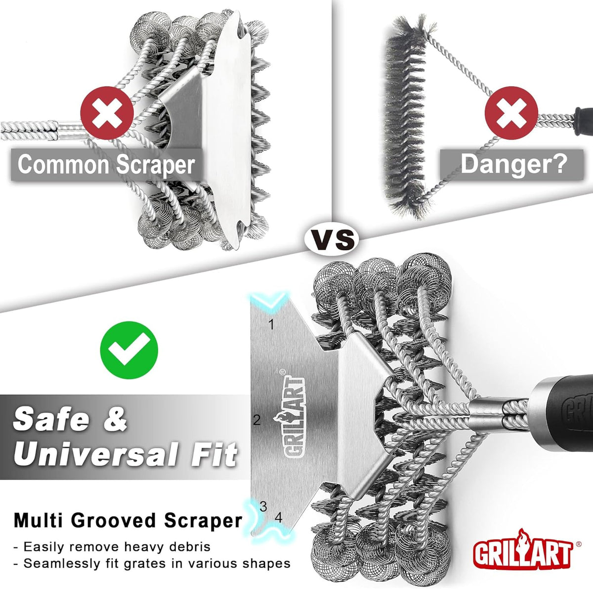 Grill Brush and Scraper Bristle Free – Safe BBQ Brush for Grill – 18'' Stainless Grill Grate Cleaner - Safe Grill Accessories for Porcelain/Weber