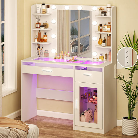 Vanity Desk with Mirror and Lights, Makeup Vanity Desk with Lights 3 Colors, Transparent Top Vanity with 2 RGB Drawers, 6 Shelves, Large Tempered