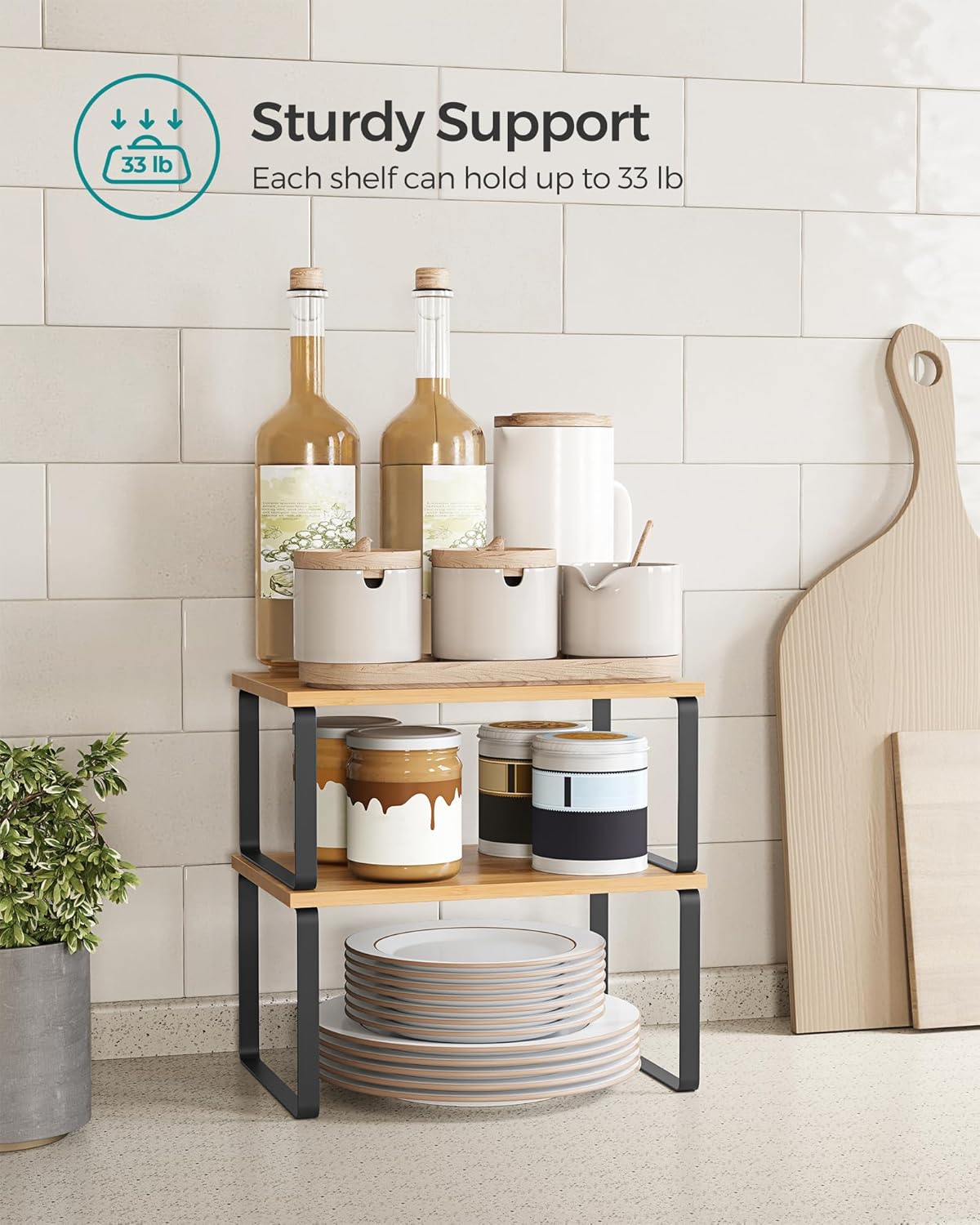 SONGMICS Cabinet Organizer Shelf, Set of 2 Kitchen Counter Shelves, Kitchen Storage, Spice Rack, Stackable, Expandable, Metal and Engineered Wood