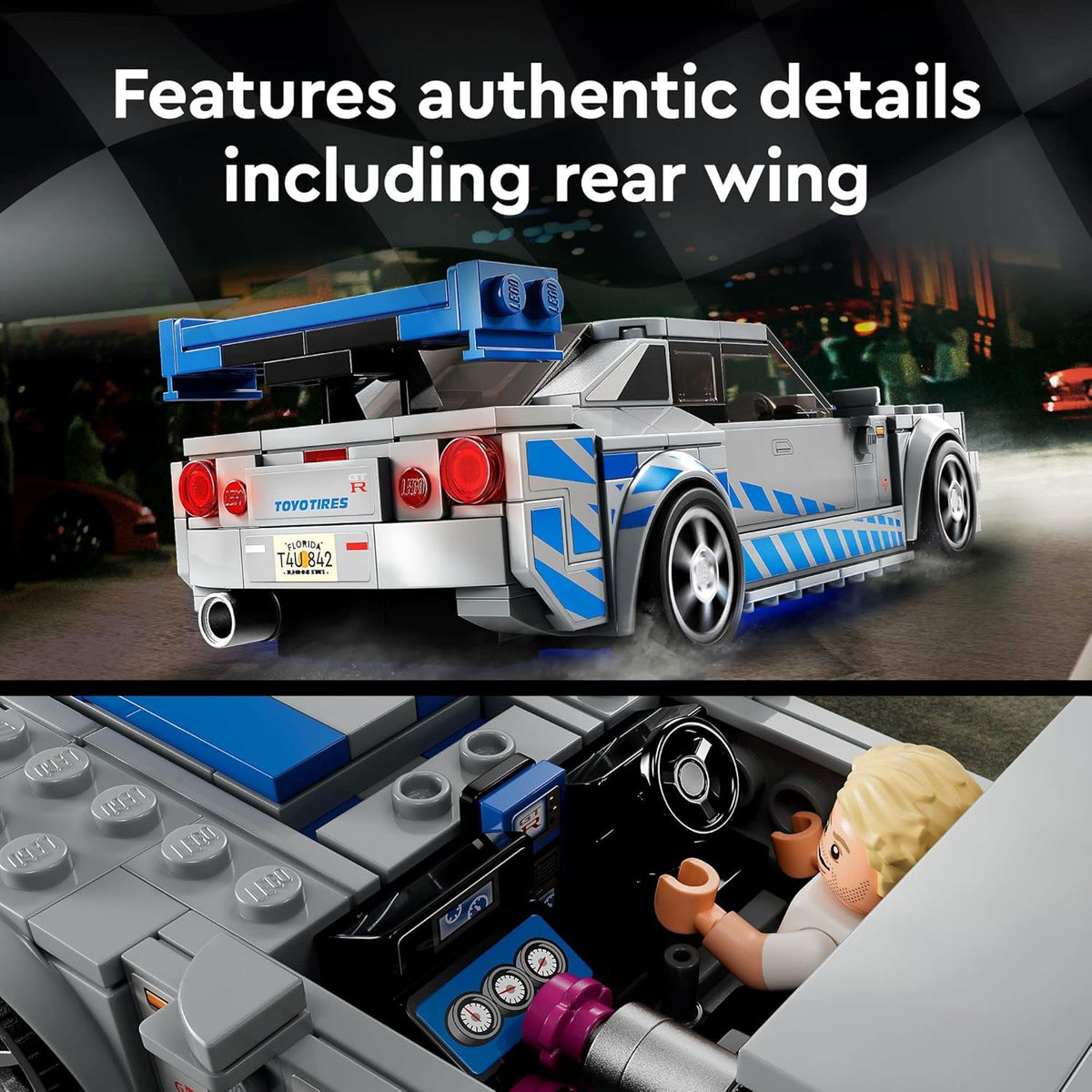LEGO Speed Champions 2 Fast 2 Furious Nissan Skyline GT-R (R34), Race Car Toy Model Building Kit, Collectible with Racer Minifigure, 2023 Set for