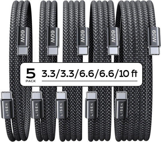 LISEN USB C to USB C Cable, 5-Pack [3.3/3.3/6.6/6.6/10FT] for iPhone 17 Charger Cord, 60W C to C Cable Fast Charging for iPad, iPhone 17 Air 16 15
