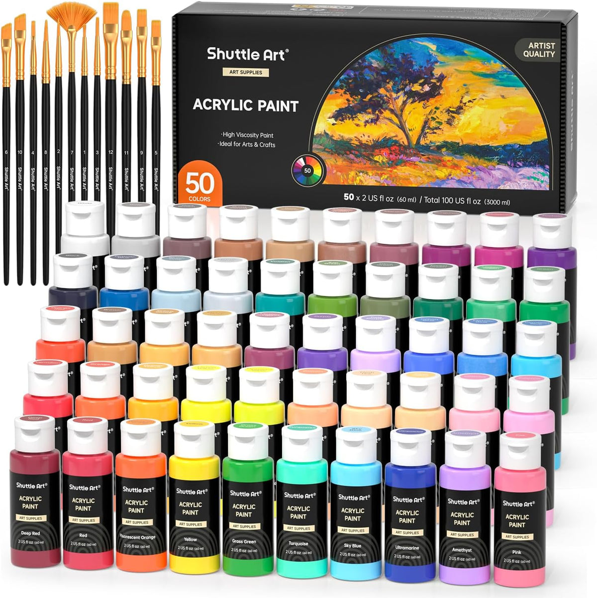 Shuttle Art Acrylic Paint, 50 Colors Acrylic Paint Set, 2oz/60ml Bottles, Rich Pigments, Water Proof, Premium for Artists, Beginners and Kids on