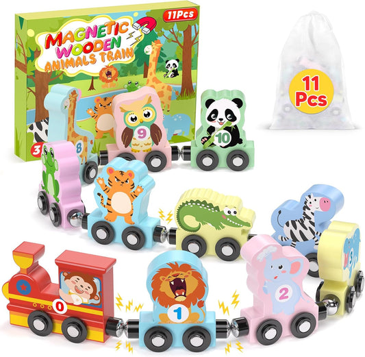 11 Pcs Magnetic Train Set Montessori Toys for Toddlers Boys Girls, Wooden Animals Preschool Learning Activities Educational Sensory Toys Stocking
