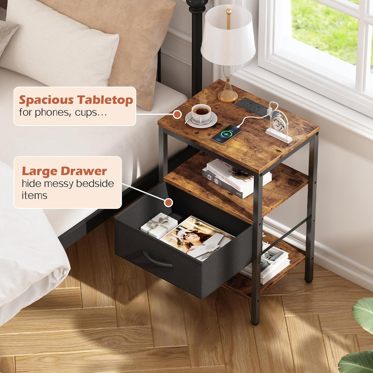SUPERJARE Nightstand with Charging Station, Bed Side Table with Adjustable Fabric Drawer, Night Stand for Bedroom, 3-Tier Storage End Table