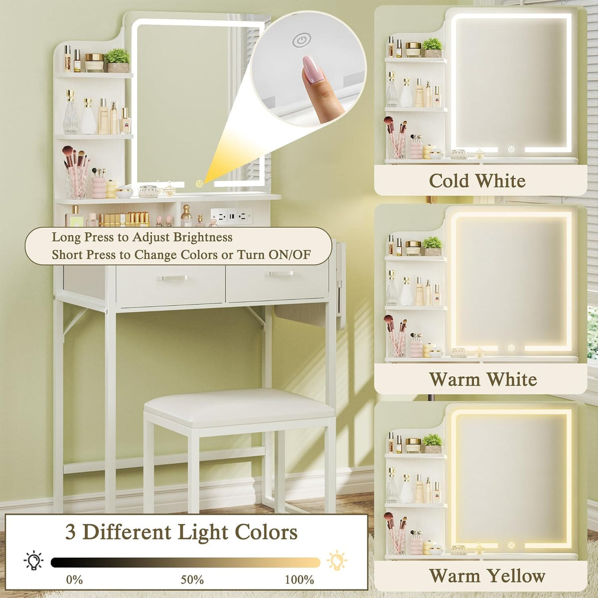 Small Vanity Desk with Mirror and Lights, Makeup Vanity with Fabric Storage Drawer, Chair and Three Shelves, White Vanity with Power Outlet and