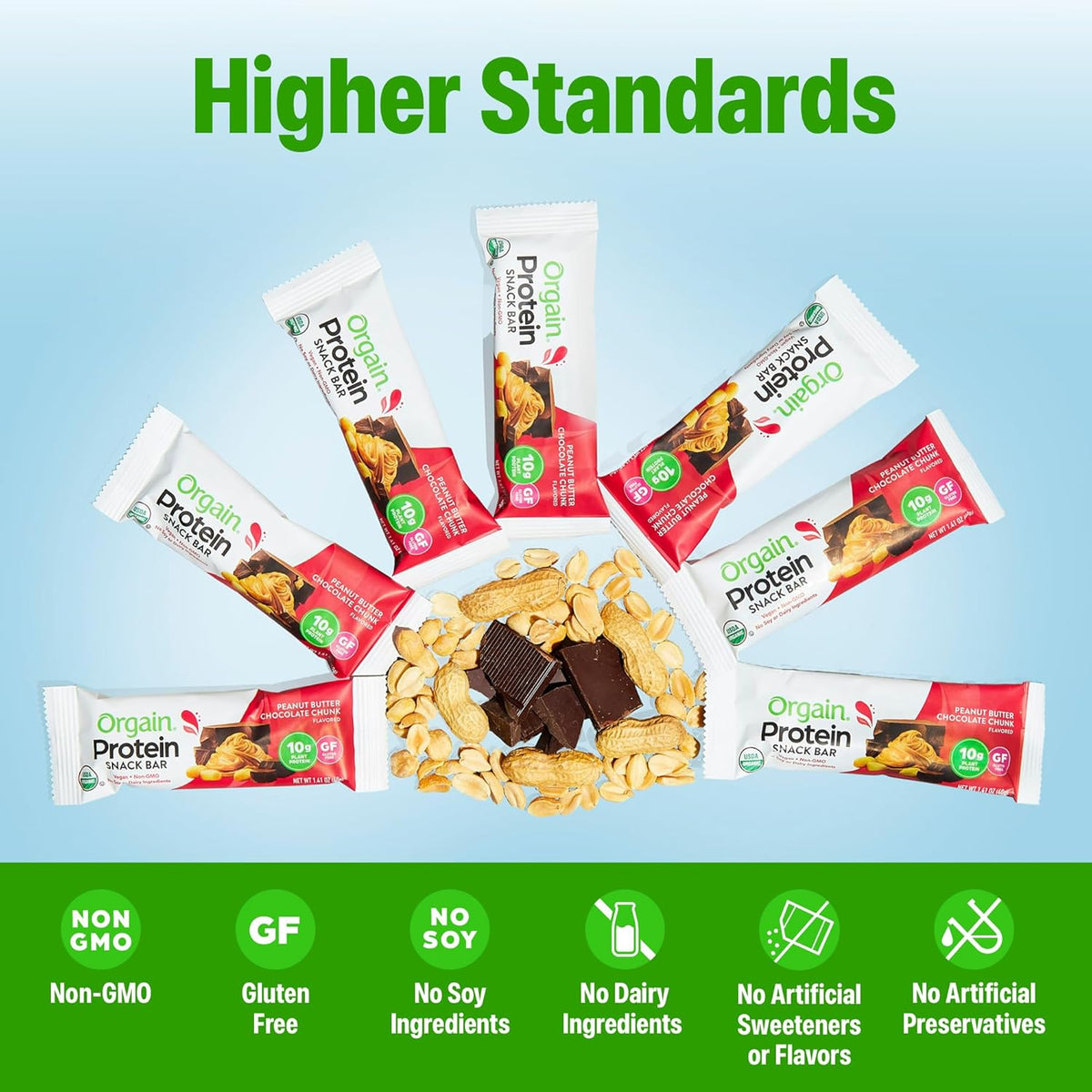 Orgain Organic Vegan Protein Bars, Peanut Butter Chocolate Chunk - 10g Plant Based Protein, Low Calorie Healthy Snacks, No Lactose or Soy