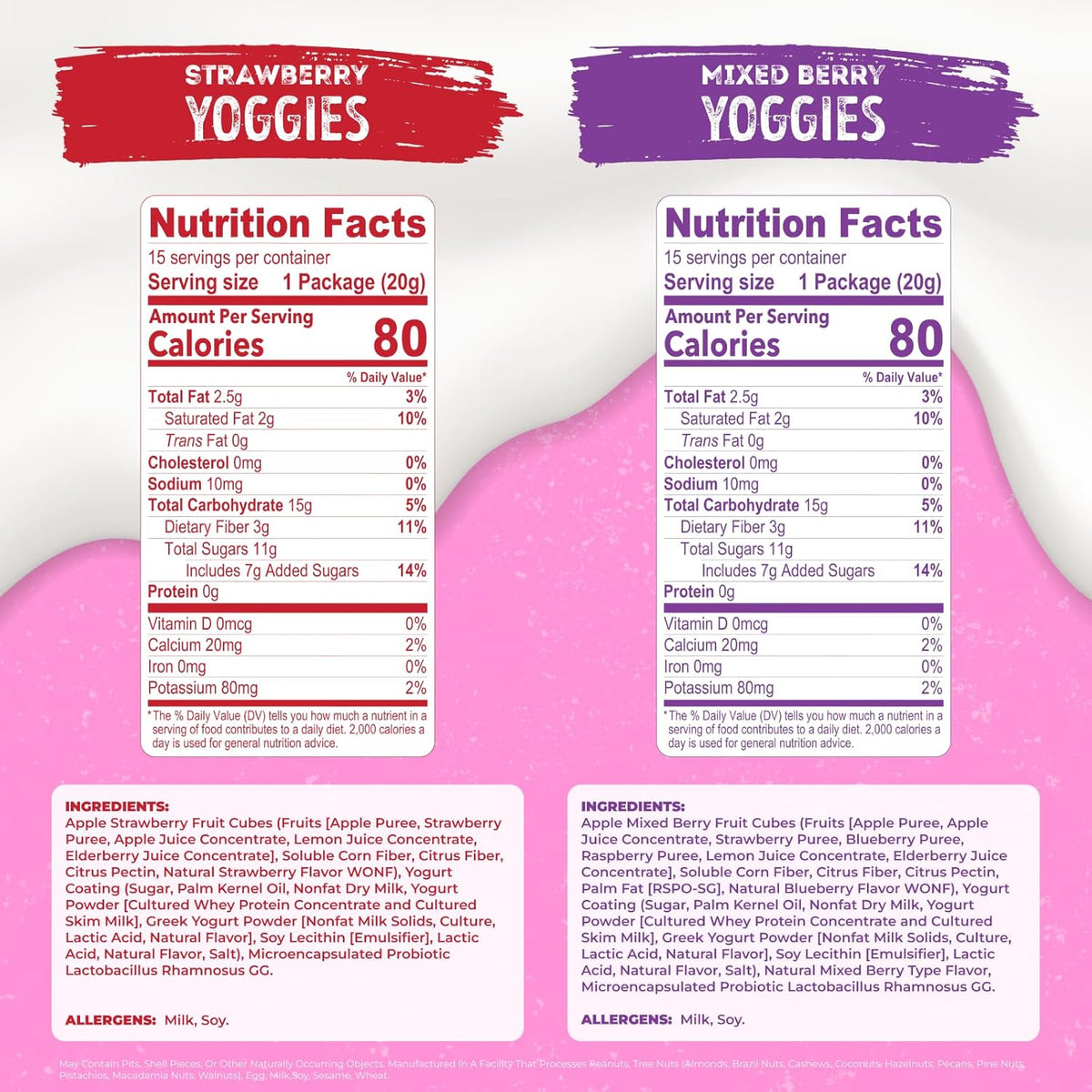 Nature's Garden Probiotic Yoggies Multi Pack, 21oz (Strawberry 15x0.7 oz + Mixed Berry 15x0.7 oz) Yogurt Covered Healthy Snack, High Fiber, Real