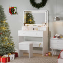 Haewon Vanity Desk with Mirror and LED Lights, White Makeup Vanity with Power Outlet, Storage Drawers and Chair, Dressing Table Set for Bedroom