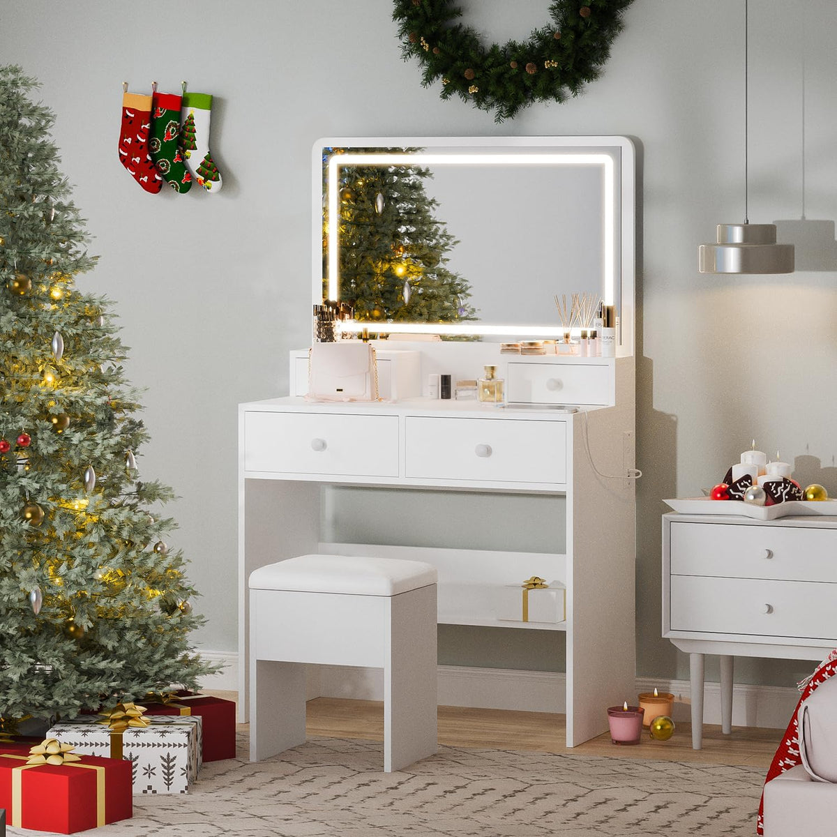 Haewon Vanity Desk with Mirror and LED Lights, White Makeup Vanity with Power Outlet, Storage Drawers and Chair, Dressing Table Set for Bedroom
