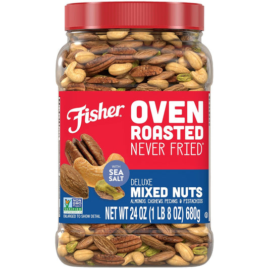 Fisher Oven Roasted Never Fried Deluxe Mixed Nuts, 24 Ounces (Pack of 1), Almonds, Cashews, Pecans, Pistachios, Healthy Snacks for Adults, Made With