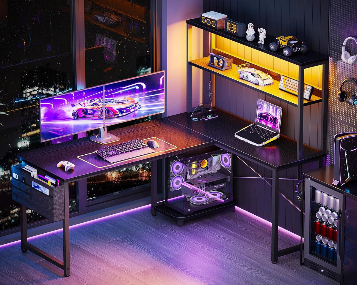 ODK 53 Inch L Shaped Desk with LED Lighting, Reversible Gaming Desk with Power Outlets, Cornor Computer Table with Storage Shelves & Bag & Iron Hook