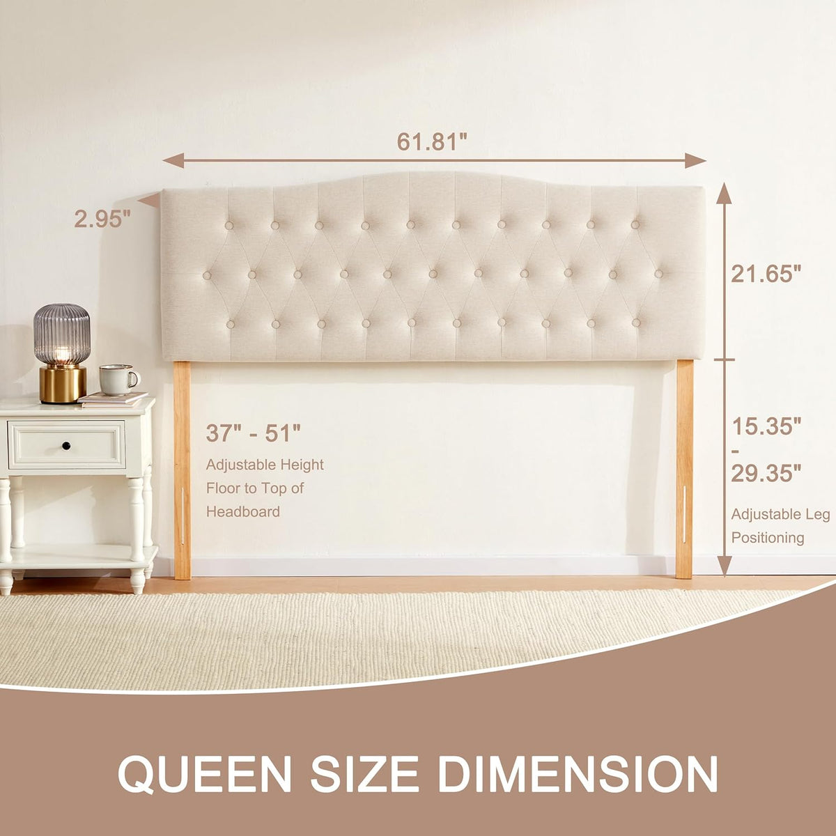 Tufted Upholstered Headboard Queen Size, Sturdy and Durable Solid Wood Bed headboard, Fabric Headboard Adjustable Height from 37” to 51”, Modern
